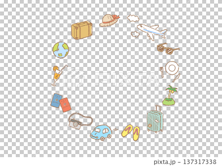 一個圓形畫框,上面繪有手繪的旅行主題插圖 一個圓形畫框,上面繪有手繪的旅行主題插圖 137317338