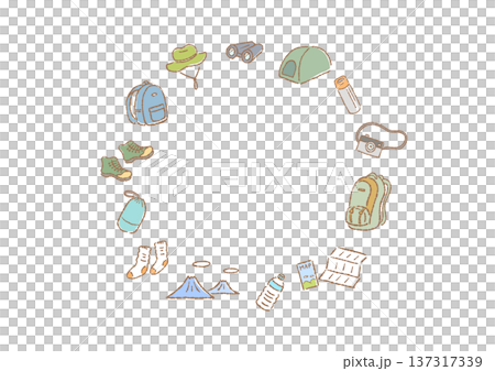 一個圓形邊框，上面繪有手繪的登山裝備插圖。 137317339