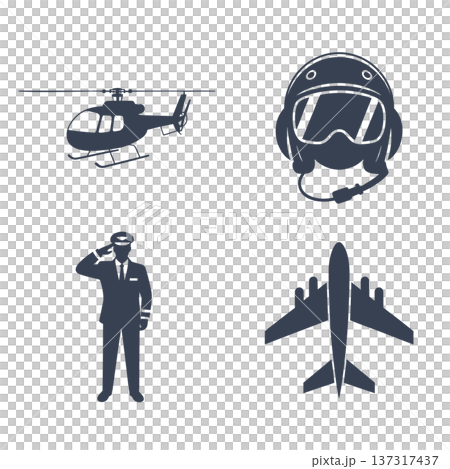 aviation theme silhouette set with helicopter, pilot helmet, pilot saluting, and jet plane in blue color vector illustration 137317437
