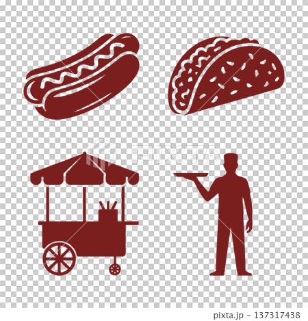 street food red silhouette vector set with hotdog, taco, food cart with umbrella, and male vendor holding tray 137317438