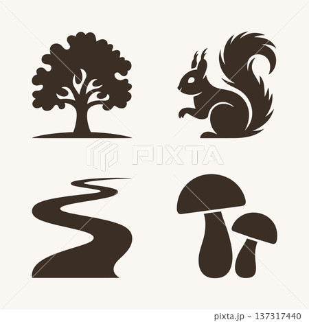 set of forest silhouettes with tall oak tree, sitting squirrel, winding river, and pair of mushrooms 137317440