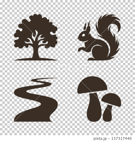set of forest silhouettes with tall oak tree, sitting squirrel, winding river, and pair of mushrooms 137317440