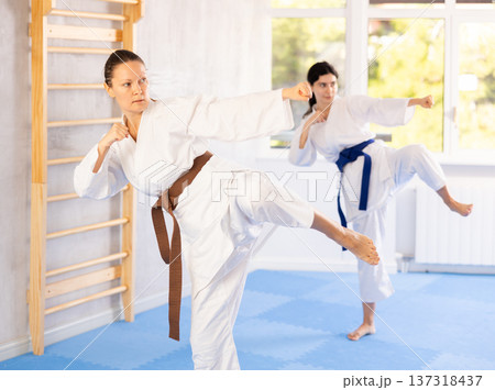 Two women training karate techniques in studio 137318437