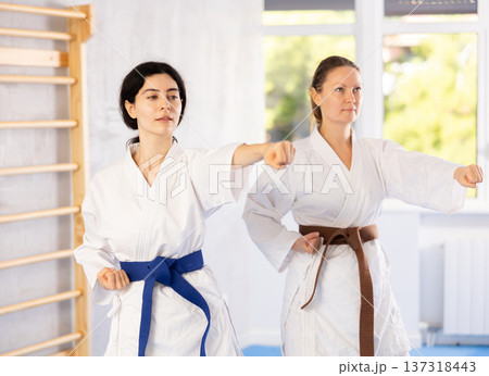 Two women training karate techniques in studio 137318443