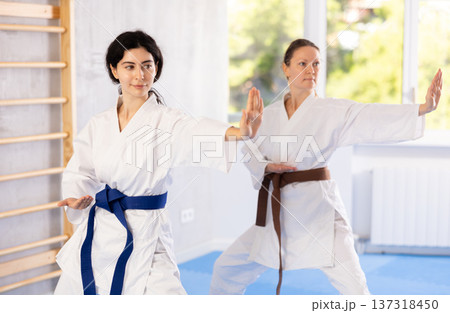 Two women training karate techniques in studio 137318450
