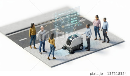 AIダッシュボードで管理され歩道を清掃する自動清掃ロボット 137318524