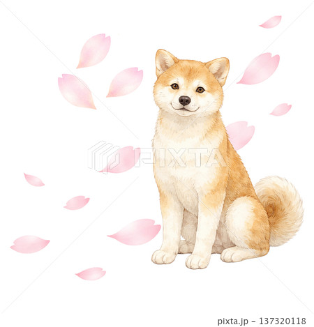 桜の花びらと柴犬 水彩イラスト 春のかわいい犬素材 137320118
