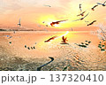 水鳥の戯れる霞ケ浦の初日の出 137320410