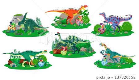 Dinosaur mothers with kids in eggshells, vector prehistoric animal families. Cartoon cute babies and happy moms dino characters set, eggs and trees. Funny jurassic dinosaur mothers and kids in jungle 137320558