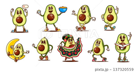 Cartoon groovy avocado characters in fun actions and costumes. Vector set of retro comic personages with nachos and salsa, dancing, reading, relaxing on the moon, wearing traditional Mexican dress 137320559