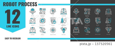 RPA icons of robot process automation and AI bot digital technology, vector line pictograms. RPA icons of artificial intelligence for automation process tasks and robotic employee software algorithms 137320561
