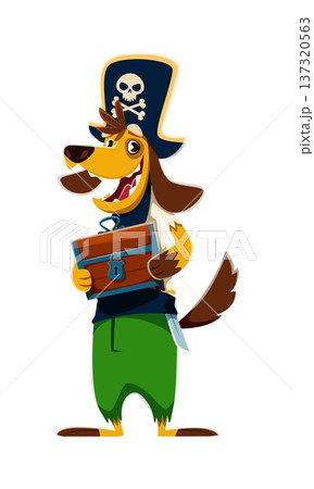 Cartoon dog animal pirate vector character clutches a wooden chest with a padlock. Corsair dressed in green pants, dark vest, and a tall blue hat with crossbones. Cute pet personage for kids party Cartoon dog animal pirate vector character clutches a wooden chest with a padlock. Corsair dressed in green pants, dark vest, and a tall blue hat with crossbones. Cute pet personage for kids party 137320563