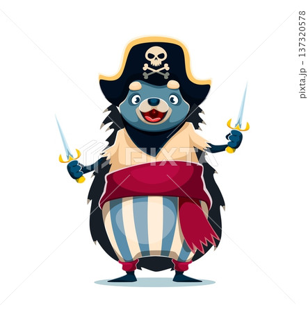 Cartoon hedgehog pirate vector character with cheerful expression holding two swords. Corsair wears hat with skull, striped pants and red sash. Hedgehog pirate sailor for adventure game, stickers Cartoon hedgehog pirate vector character with cheerful expression holding two swords. Corsair wears hat with skull, striped pants and red sash. Hedgehog pirate sailor for adventure game, stickers 137320578