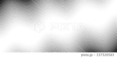 Gradient wave dot pattern background. Circular dot shapes create flowing abstract half tone texture. Vector black or white halftone dot background with dynamic wavy distortion, retro nostalgic overlay 137320583