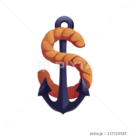Pirate font of Caribbean corsair ship anchor for piracy type, cartoon vector typeface. Dollar symbol of sailboat anchor with rope line for pirate font or corsair type and marine typography sign 137320585