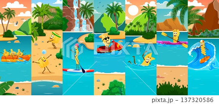 Cartoon cheerful Italian pasta characters on banana boat, paddle surfboard, jet ski, kayak and surfing board, playing volleyball and swim in the sea. Vector collage of funny food personage on vacation 137320586