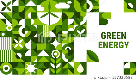 Green energy poster with geometric pattern of abstract leaves, plants and eco wind turbine, sun and clouds. Vector modern geometric shapes pattern for ecology poster, green energy, environment concept Green energy poster with geometric pattern of abstract leaves, plants and eco wind turbine, sun and clouds. Vector modern geometric shapes pattern for ecology poster, green energy, environment concept 137320588