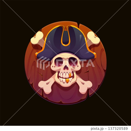 Heraldic pirate skull with crossed bones and captain tricorn hat on wooden round board. Cartoon vector nautical heraldry icon or game asset with Jolly Roger and crossbones represents sea adventure 137320589