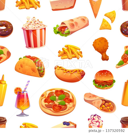 Cartoon fast food, dessert and takeaway drinks seamless pattern. Colorful vector background with pizza, hamburger, hotdog, fries, donut, taco, ice cream, soda for restaurant walls and delivery service Cartoon fast food, dessert and takeaway drinks seamless pattern. Colorful vector background with pizza, hamburger, hotdog, fries, donut, taco, ice cream, soda for restaurant walls and delivery service 137320592