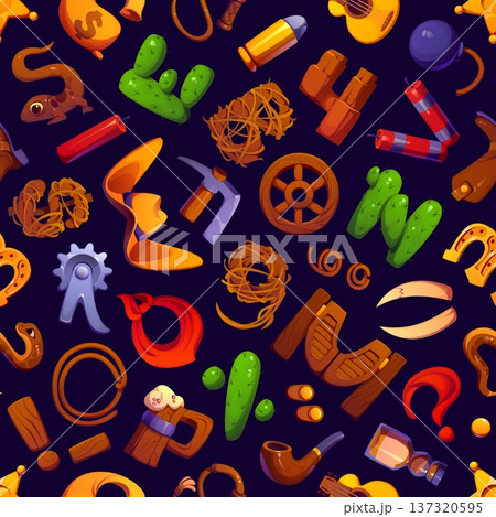 Western cowboy font letters seamless pattern with wild west objects forming alphabet shapes. Vector tile background with cactus, lasso, revolver, boots, hat, dynamite, star and wooden saloon door Western cowboy font letters seamless pattern with wild west objects forming alphabet shapes. Vector tile background with cactus, lasso, revolver, boots, hat, dynamite, star and wooden saloon door 137320595