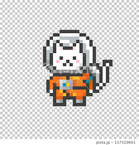 A white cat wearing a pixelated space suit 137320601