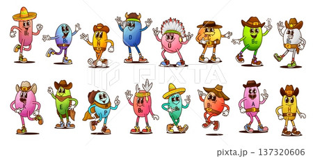 Groovy vitamin characters of cartoon happy pill cowboy, sheriff and bandit. Vector retro y2k vitamins and minerals, funky groovy multivitamin and food supplement capsules with Wild West Western hats Groovy vitamin characters of cartoon happy pill cowboy, sheriff and bandit. Vector retro y2k vitamins and minerals, funky groovy multivitamin and food supplement capsules with Wild West Western hats 137320606