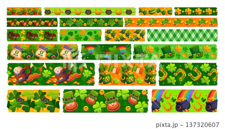 Washi tape St Patrick holiday green adhesive pieces with vector pattern of cartoon clover shamrock leaves, leprechaun hats and gold pots. St Patrick green beer, horseshoe and rainbow washi tape pieces Washi tape St Patrick holiday green adhesive pieces with vector pattern of cartoon clover shamrock leaves, leprechaun hats and gold pots. St Patrick green beer, horseshoe and rainbow washi tape pieces 137320607