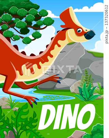 Prehistoric dinosaur character, jurassic era vector poster. Cartoon cute amurosaurus dino animal in prehistoric jungle forest. Paleontology science education banner with funny extinct lizard dinosaur 137320612