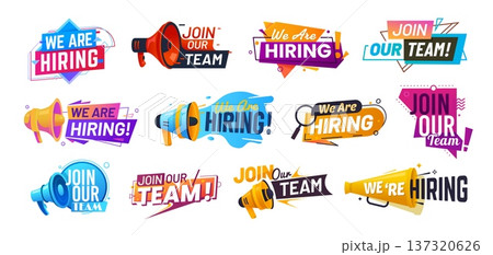 We are hiring, hire offer join our team icons. Job vacancy announcement, hr and career opportunity vector social media signs with retro megaphone loudspeaker, magnifying glass and speech bubble 137320626