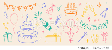 Birthday doodle color icon element. Hand drawn sketch doodle birthday cake, party gift, event hat cute decoration element. Party, carnival celebration concept background. Vector 137320636