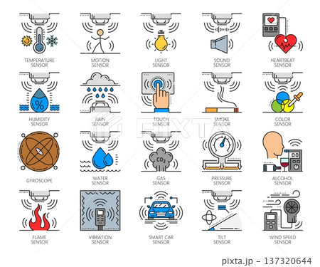Smart control sensor color line icons of IoT electronics technology, vector pictograms. Pressure and gas sensor icons, alcohol tester, vibration, temperature or light sensor, motion or sound detector 137320644