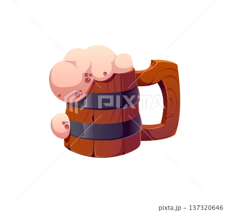 Cartoon wooden pirate beer tankard icon, wood mug brims with foamy ale. Fantasy tavern beverage cup with handle and metal loops. Isolated vector medieval bar rugged alcohol nautical corsair pint Cartoon wooden pirate beer tankard icon, wood mug brims with foamy ale. Fantasy tavern beverage cup with handle and metal loops. Isolated vector medieval bar rugged alcohol nautical corsair pint 137320646