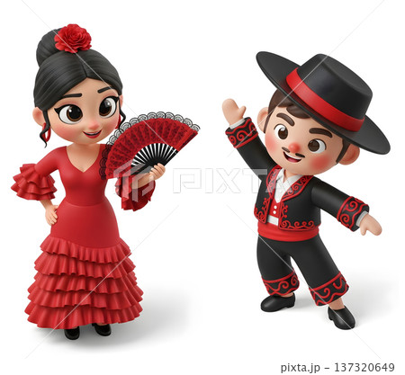 Vibrant cartoon couple in traditional Spanish flamenco attire dancing 137320649