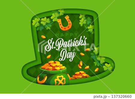 Paper cut leprechaun green hat St Patrick Day greeting card. Vector 3d paper cut top hat frame with cartoon St Patrick Day leprechaun gold pot, green shamrock clover leaves, golden coins and horseshoe Paper cut leprechaun green hat St Patrick Day greeting card. Vector 3d paper cut top hat frame with cartoon St Patrick Day leprechaun gold pot, green shamrock clover leaves, golden coins and horseshoe 137320660