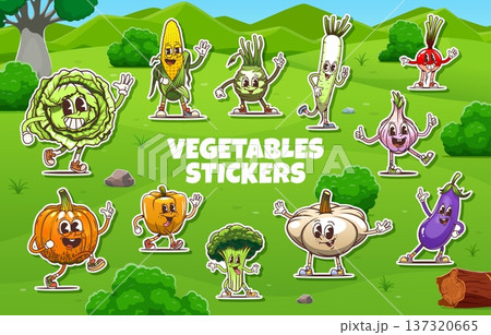Groovy vegetable characters stickers. Vector smiling cabbage, dancing corn, long leek, cheerful radish, kohlrabi, bell pepper, purple eggplant, broccoli, orange pumpkin, white garlic cartoon Groovy vegetable characters stickers. Vector smiling cabbage, dancing corn, long leek, cheerful radish, kohlrabi, bell pepper, purple eggplant, broccoli, orange pumpkin, white garlic cartoon 137320665