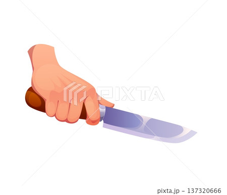 Cartoon human hand holding kitchen knife. Vector isolated cooking preparation process with sharp metal blade and wooden handle. Culinary utensil for food cutting action, for kitchen and cook food 137320666