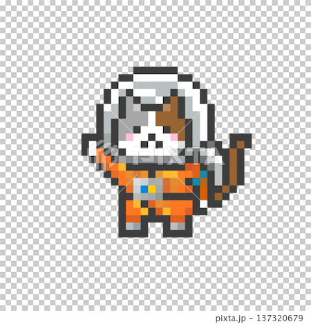 Pixel art calico cat in a space suit raising his paw 137320679