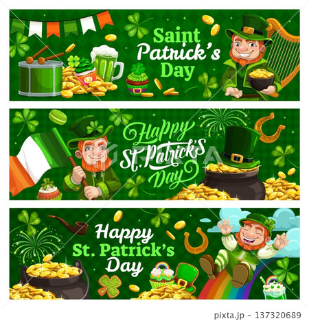 Happy St Patrick Day holiday banners of cartoon leprechaun characters, lucky shamrock clovers and gold pots. St Patrick Day vector greeting banners with Irish holiday party green beer and flags 137320689