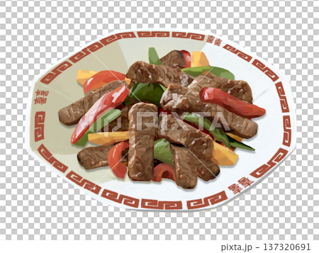 Beef and green pepper stir-fried with oyster sauce (red Chinese dish) 137320691