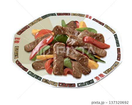 牛肉とピーマンのオイスターソース炒め（中華皿） 137320692