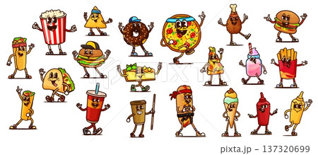 Cartoon groovy fast food characters of retro hippie burgers, drinks and junk snacks. Vector groovy fast food hamburger, pizza and chicken, cute ice cream, hot dog, soda and taco, popcorn and coffee 137320699