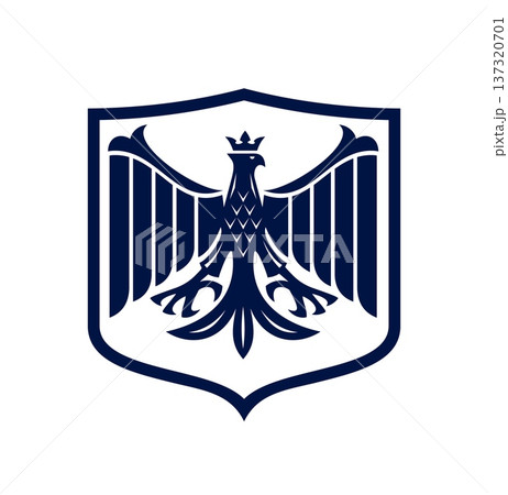 Medieval royal eagle shield, heraldic bird icon. Eagle bird medieval heraldry vector emblem, hawk vintage coat of arms symbol. Falcon ancient crest icon or sign with spread wings and crown on head 137320701