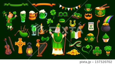 Happy Saint Patrick's Day cartoon characters and food game assets. Vector Ireland festival hat, cute leprechaun and St Patrick, lucky horseshoe, rainbow and gold pot. Irish shamrock clovers and coins 137320702