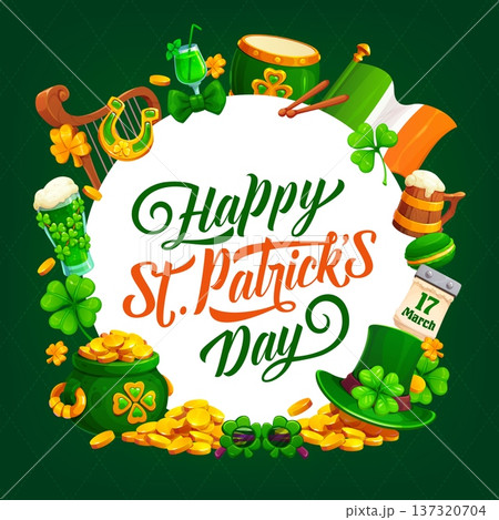 Happy St Patrick's day greeting card with Irish holiday items. Ireland folk holiday vector greeting card, St Patrick party banner with musical instruments, ale or beer, leprechaun pot of gold and hat 137320704