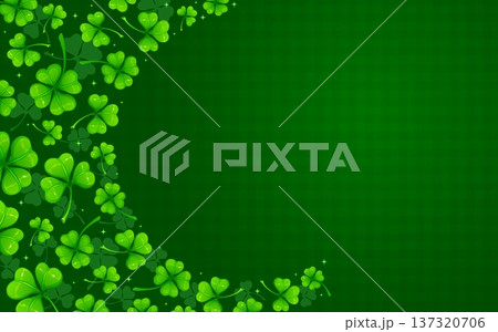 Shamrock clover leaves background, vector St Patrick Day holiday. Cartoon lucky four petal clovers wave, green shamrock leaves border line at Irish pattern background, St Patrick Day spring festival Shamrock clover leaves background, vector St Patrick Day holiday. Cartoon lucky four petal clovers wave, green shamrock leaves border line at Irish pattern background, St Patrick Day spring festival 137320706