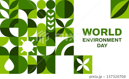 World Environment Day poster with geometric pattern of vector ecology concept. Green leaves, drops, sun and abstract geometric shapes pattern for World environment Day poster or eco concept World Environment Day poster with geometric pattern of vector ecology concept. Green leaves, drops, sun and abstract geometric shapes pattern for World environment Day poster or eco concept 137320708