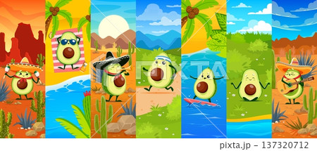 Cartoon Mexican avocado vector characters with sombreros, maracas, musical trumpets, yoga pose and beach activities. Surrounded by desert landscape, coast and blue sky. Avocado personages collage Cartoon Mexican avocado vector characters with sombreros, maracas, musical trumpets, yoga pose and beach activities. Surrounded by desert landscape, coast and blue sky. Avocado personages collage 137320712