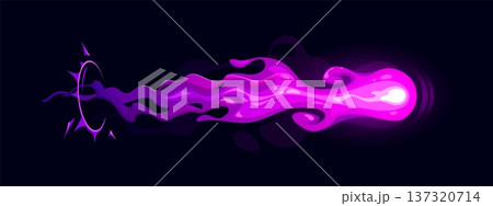 Cartoon pink game gun effect, beam or energy blast of laser gun, blaster or alien space weapon. Vector Vfx lightning bolt, bomb explosion, alien attack. Magic fireball, power wave for futuristic game 137320714