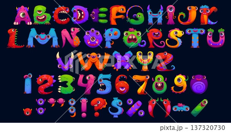 Cartoon bugaboo font, monsters type, funny bogle typeface, English scarecrow alphabet letters, punctuation marks and numbers showcase playful, whimsical, fantasy creatures for children fun learning Cartoon bugaboo font, monsters type, funny bogle typeface, English scarecrow alphabet letters, punctuation marks and numbers showcase playful, whimsical, fantasy creatures for children fun learning 137320730