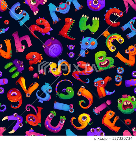 Cartoon bugaboo monster font seamless pattern. Vector bright background with English font letters, numbers or symbols. Tile for kids education, playful decor, alphabet learning, entertaining wallpaper Cartoon bugaboo monster font seamless pattern. Vector bright background with English font letters, numbers or symbols. Tile for kids education, playful decor, alphabet learning, entertaining wallpaper 137320734